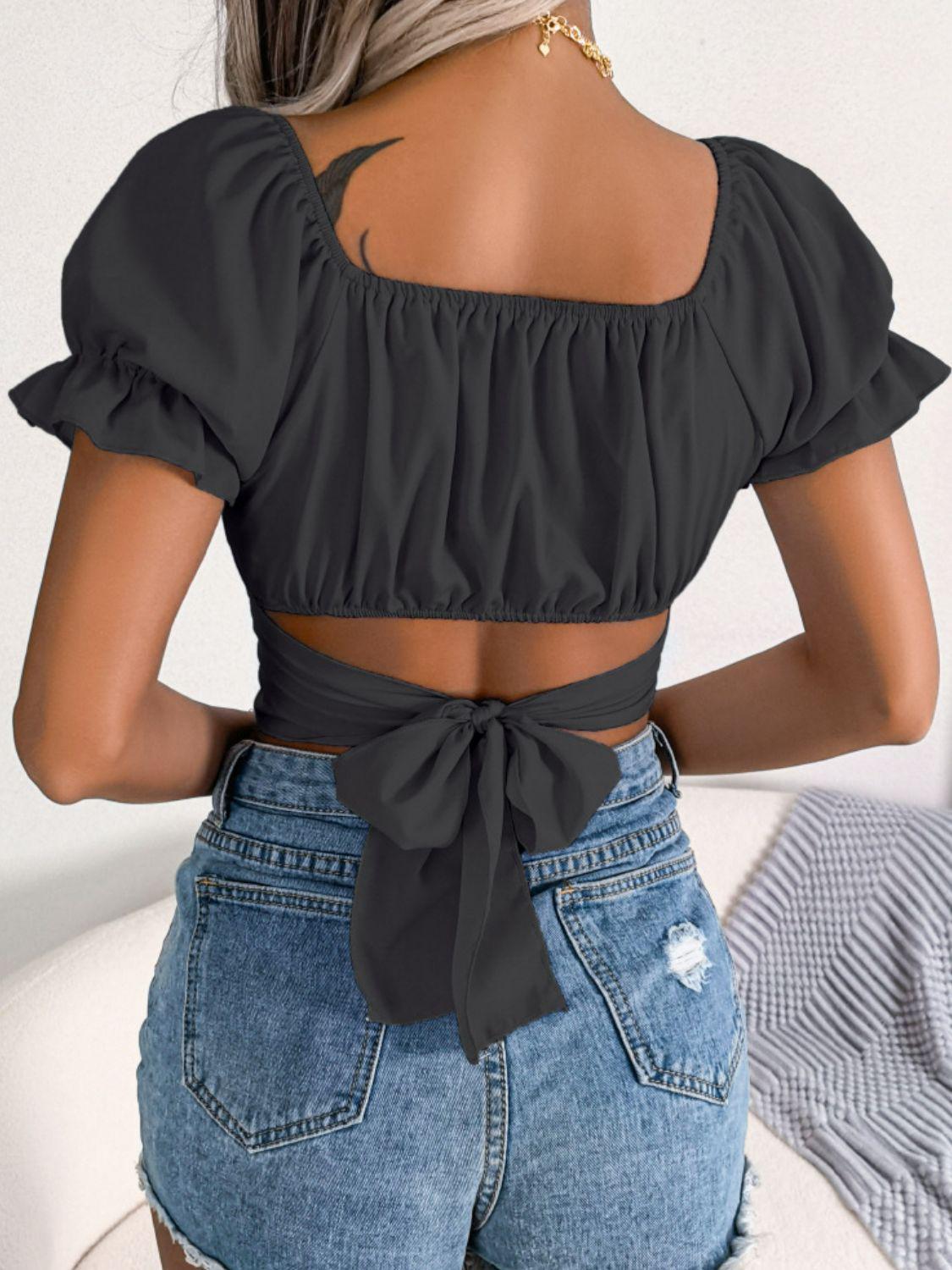 Square Neck Crisscross Flounce Sleeve Cropped Top